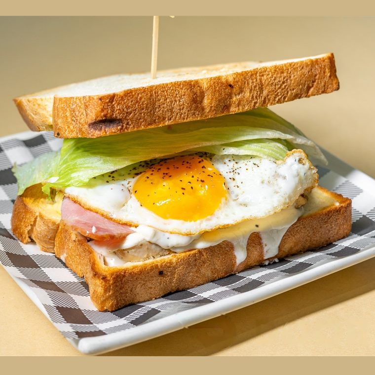 A toasted caesar sandwich with grilled chicken, bacon, lettuce and a fried egg.